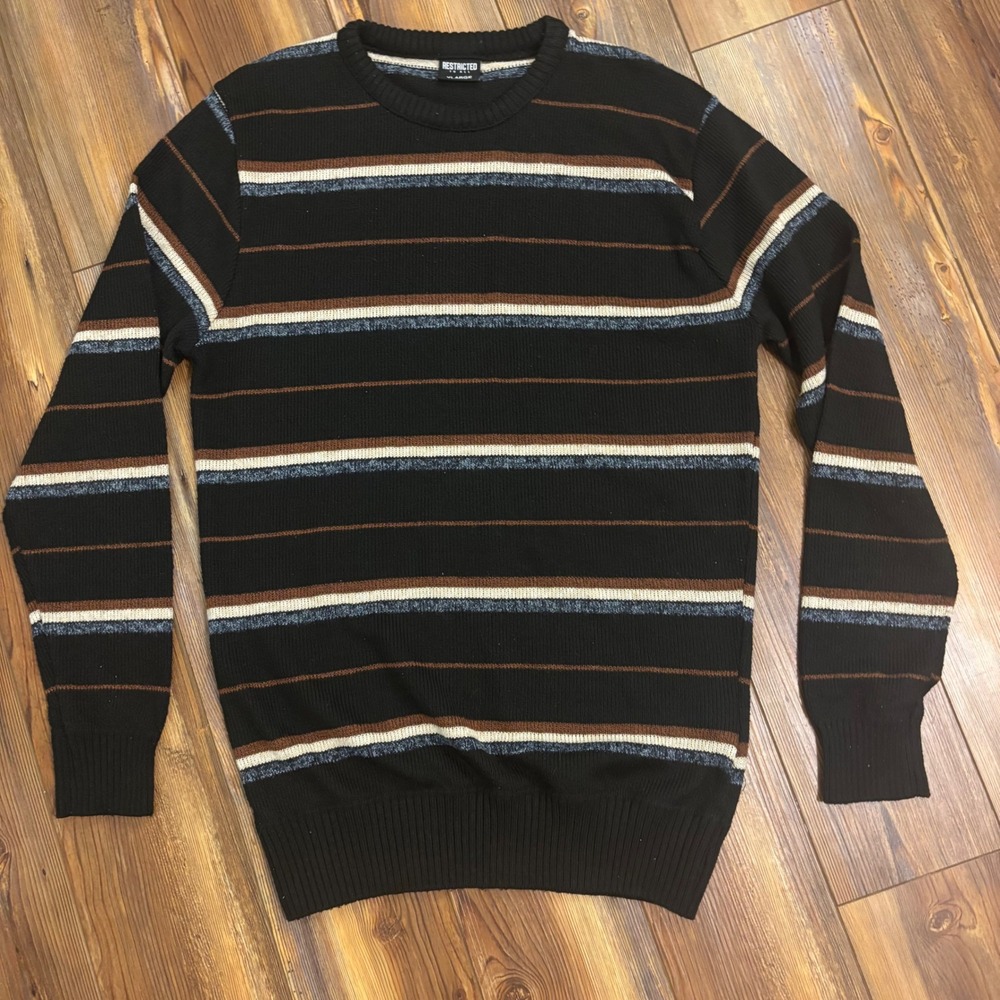 Restricted To All Mens XL Striped Crewneck Sweater Black Brown Blue Grandpa